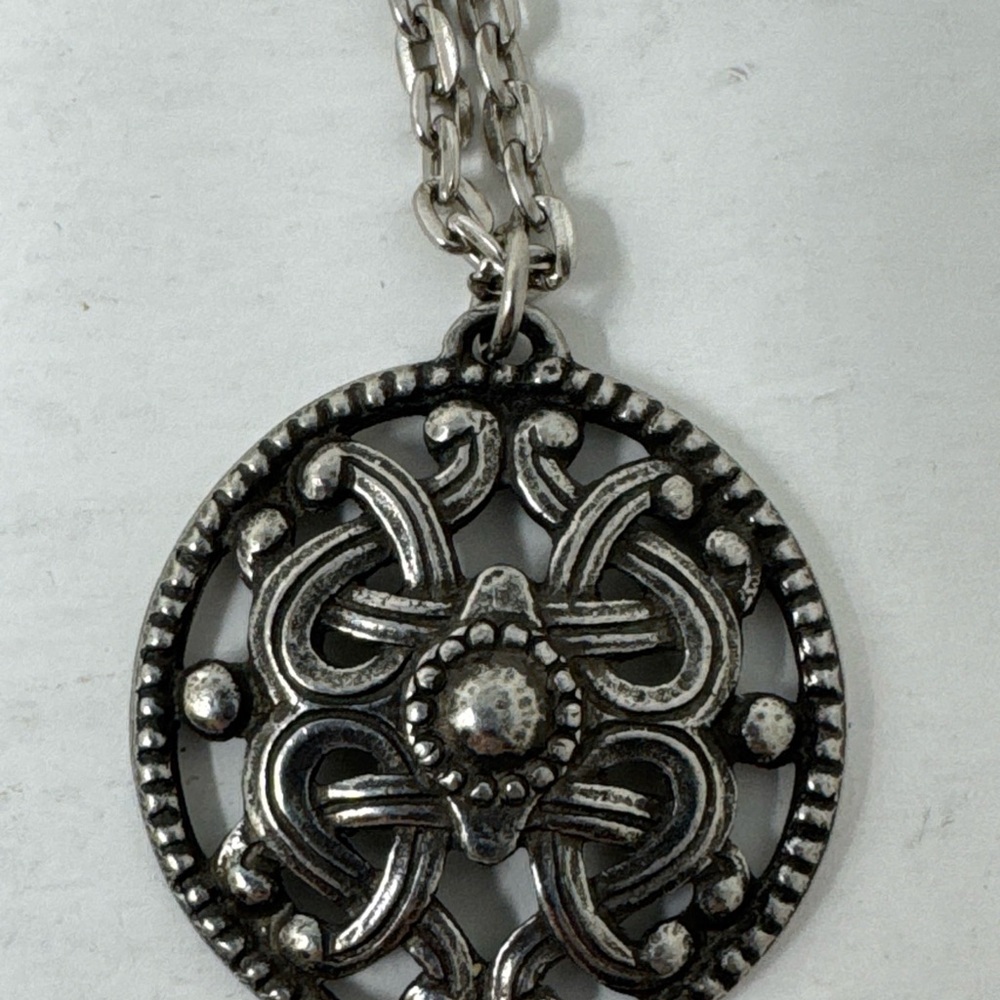 Vintage Signed Tinn-Per Norway Pewter Pendant Silver Tone Chain Necklace